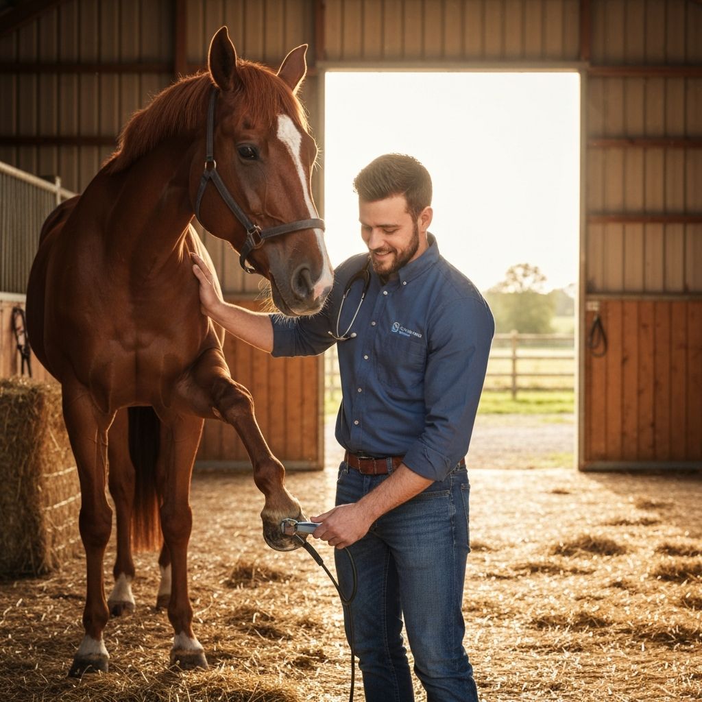 Tierärztin untersucht ein Pferd in einer Stallumgebung
